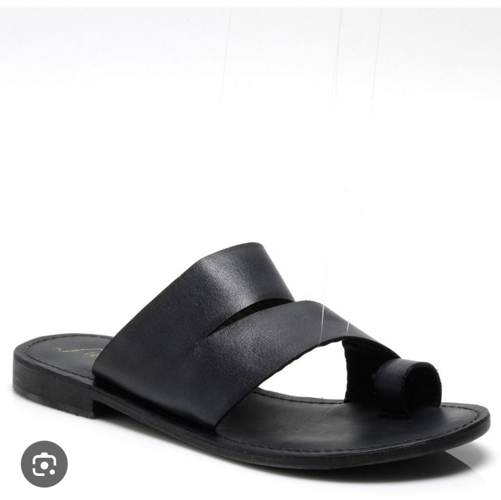 Free People Black Leather Toe-Loop Slide Sandals